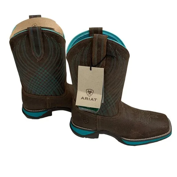 Ariat Womens Anthem Square Toe Western Boots Sz 6 B Java Brown Turquoise Leather - Picture 8 of 12